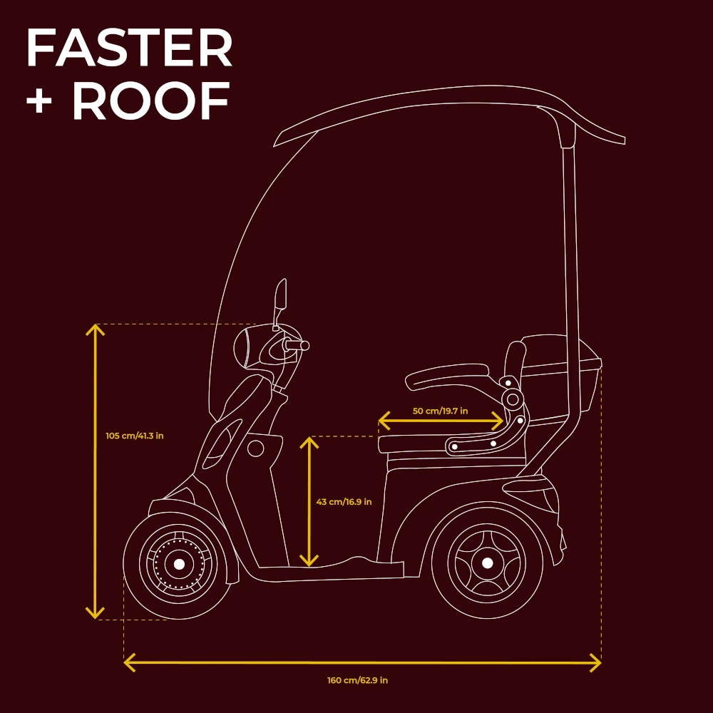 scooter électrique à 4 grandes roues et d'une grande autonomie, avec toit